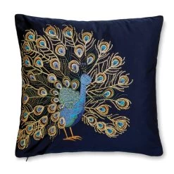 Dunelm Navy Embroidered Peacock Cushion -Decorative Discount Store 30644415 alt01