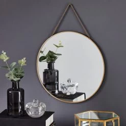 Dunelm Round Hanging Chain Wall Mirror, Gold 29.5cm