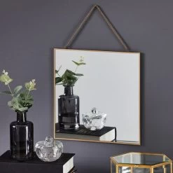 Dunelm Hanging Chain Square Wall Mirror, Gold 28x38cm