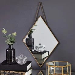 Dunelm Hanging Chain Diamond Wall Mirror, Gold 27cm