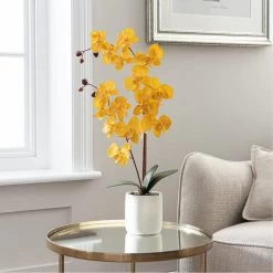 Dunelm Artificial Orchid Ochre In Grey Pot 56cm